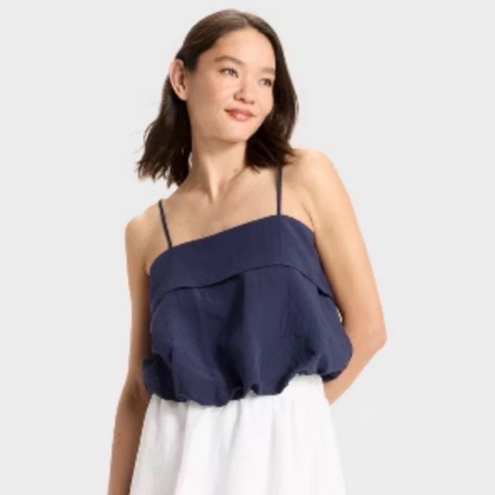 A New Day Ruffle Bubble Navy Blue Spaghetti Strap Drape Top Var Sizes | NWT